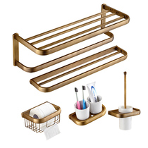All-copper European antique drawing towel rack toilet brush tissue basket double-layer storage bathroom pendant set without punching