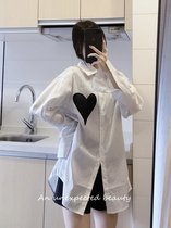 South Korean kimhekim blouses shirt with loving stripes long sleeve shirt peach heart printed casual white