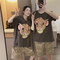 Korean version for male and female lovers short sleeve pyjamas with lazy wind and cartoon small lion printed home with big code 200 catty suit