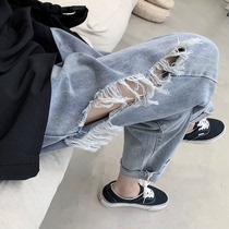 Jeans men 2021 new burr hole pants loose nine-point pants Korean version of the trend scraped casual beggar pants