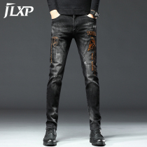 Embroidered jeans mens fashion brand black pants mens trend Joker elastic spring and autumn mens trousers slim feet