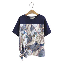 Large size womens fat mm200 catties color matching fashion pullover short-sleeved top bow tie waist splicing T-shirt womens summer dress