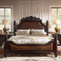American country solid wood carving bed retro old leather storage double bed high-grade personality 1 51 8 m wedding bed