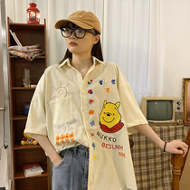 Clear Barn Ex-gratia Shirt Woman Design Sensation Small Crowd Retro Embroidered Little Bear 100 Hitch Student Ins Tide Short Sleeve Blouse