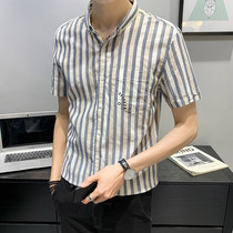 Summer short sleeve striped shirt for mens Korean version Trend handsome and casual shirt 2022 new mens slim fit