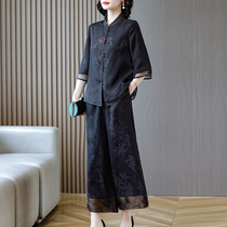 Fragrant cloud yarn blouses woman high-end Tang fit long pants suit 2022 new spring and summer real silk mulberry silk Hangzhou big card