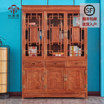 Mahogany three-door bookcase bookshelf hedgehog red sandalwood Chinese style solid wood combination study Rosewood storage rack book locker