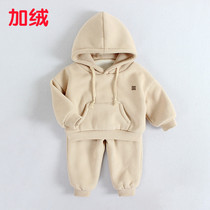 Baby plus velvet suit 1-3 years old baby clothes foreign style boys and girls childrens thickened hooded sweater two-piece set 2 winter