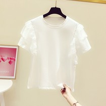 2021 summer new Korean fashion lace nail lace stitching round neck short sleeve t-shirt women casual top tide