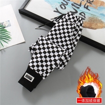 Girl Chessboard Gridiron Pants Children Plus Suede Plaid Pants External to wear male and female Child-integrated sweatpants Thickened Sweatpants Winter