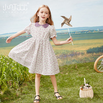 Girl Crushed Floral Dress 2022 Summer Dress New CUHK Children Hollowed-out Lace Collar Bubble Cuff Skirt Princess Dress