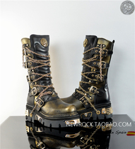 Spot NEWROCK New Harley Knight Personality Metal Rock Retro Contrast Cowhide High Tube Mens and Womens Leather Boots