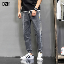 DZH mens washed stitching leg jeans mens autumn new pants mens fashion brand ins casual pants trousers men