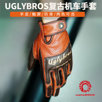 Uglybros men and women sheepskin retro touch screen Motorcycle gloves Harley Vespa Indian full finger Brown