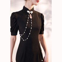 Black Cheongsam 2021 New Summer Women Young Short Girls French Vintage Bow Modified Dress