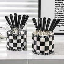 Nordic checkerboard fruit sign fruit plug home stainless steel cake dessert fork fruit fork set creative storage tank