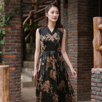 Autumn water ballad original high-grade silk fragrant cloud gauze dress women color pattern print V-neck sleeveless big dress summer