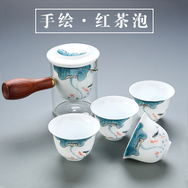 DeHua white porcelain kung fu tea set Black Tea Teapot glass side pot one pot four cups travel portable tea set