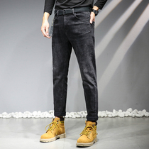 Thickened jeans mens bottom hair autumn and winter new trendy brand slim feet casual black long pants men