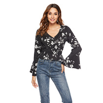 Spring V-neck print ruffled chiffon shirt women