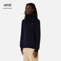 AMI Womens Classic Love Wool Solid Color Knit Casual Fashion Embroidered High Neck Jumper