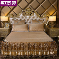 European-style summer washable ice silk bed skirt bed cover mat three-piece set of 1 8m foldable removable ice rattan mat