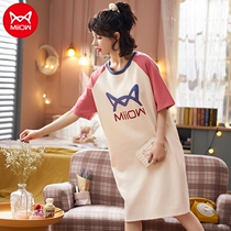 Cat-dwelling girls pure cotton loose large-scale meat-shading sleepdress summer thin breathable cute printing leisure