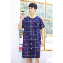 Summer mens short-sleeved pajamas loose bathrobes cotton double gauze home clothes nightgown nightgown breathable and cool