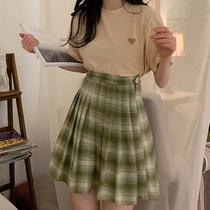 绿色格子半身裙女夏季新款2020韩版百搭高腰显瘦百褶A字短裙子潮