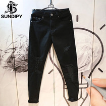 2020 early spring trend pure black denim trousers Korean slim-fit ripped mens small straight pants are thin