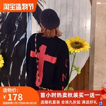 (NECY official)Black and white red Cross irregular loose autumn top female couple trend National tide pullover sweater