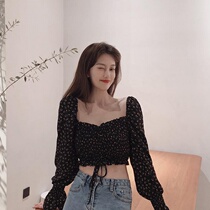 Floral long sleeve off-shoulder shirt chiffon lace top shoulder short slim shirt autumn 2021 New