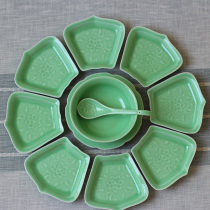 Celadon platter tableware combination Chinese household ceramics shaped deep plate Creative seafood fan-shaped plate