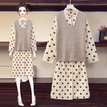 Big woman high-end large size womens clothing 2020 early autumn new fat mm foreign style thin sweater dress two-piece suit