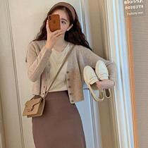 Skirt retro half-length knitted sweater cardigan high waist long autumn short temperament two-piece set set Hong Kong style