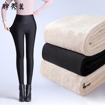  Autumn and winter cotton pants womens thickened velvet glossy glossy pants large size fat mm outer wear elastic high waist belly leggings