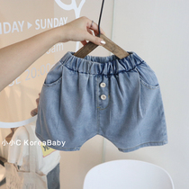 Korean baby childrens clothing two-button flying mouse pants denim shorts 2021 spring and summer new mens and womens baby pants