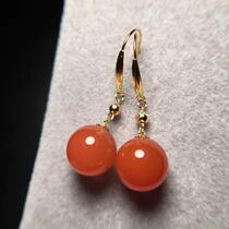 18k gold inlaid natural Liangshan South Red Agate 10mm ball drop earrings Cherry red ice permeable ear hook