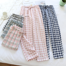Day Ensemble Plaid Pure Cotton Sleeping Pants Woman Spring Summer Thin Trousers Long Pants Sweet And Casual Home Pants Full Cotton Bilayer Cotton Yarn