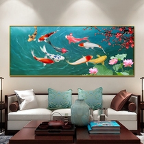 Hand Painted Living Room Oil Painting Lotus Flower Nine Carp Picture Horizontal version hanging painting Dining Room Decoration Painting Custom Background Wall