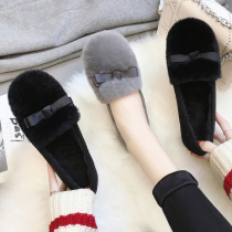 Tide Cards Rabbit Ears Hairy Shoes Women Bean Shoes 2021 New Autumn Winter 100 Hitch Flat Bottom Plus Suede Big Code Single Shoes
