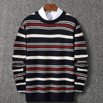 Mens striped round collar sweater fall loose round collar jacket large code knit cardiovert chubby gats to increase the hair thread tide