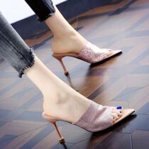 Socialite wind rhinestones sexy sandals 2019 summer new fine heel fish mouth toe slippers women high heels