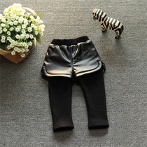 girls' winter fake two pcs thickened pants baby boots pants children korean style medium kids fleece leather shorts leggings