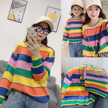 Parent-Child dress rainbow striped sweater female 2021 Spring and Autumn New Tide Net red tremble sound with foreign style fashion