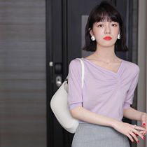 Japan solid color short-sleeved loose knitwear womens 2021 new summer thin commuter temperament thin section base top