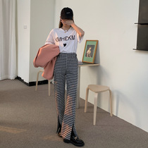 2021 new womens high waist mopping trousers plaid micro-lapped summer slim slim drop sense split wide leg pants