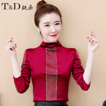 2021 autumn and winter clothes New plus velvet padded high neck lace base shirt women long sleeve foreign style inside warm coat tide