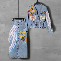 Duoyue 2021 new womens spring spliced split skirt two-piece set V-neck denim jacket set