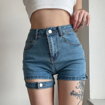 H new European station heavy industry leg ring metal buckle design denim shorts chic small split stretch hot pants women